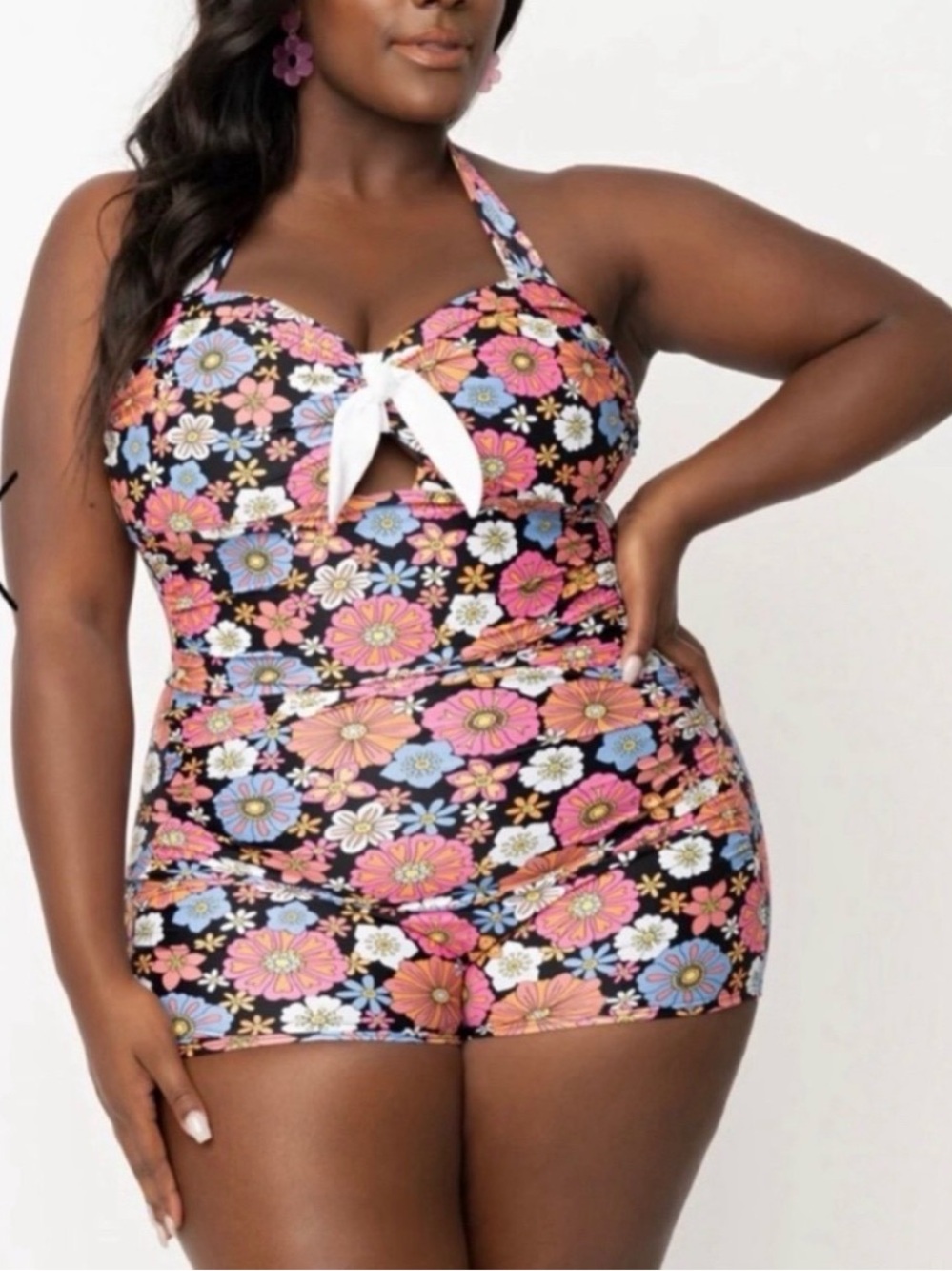 Unique Vintage Black Floral Halter One-Piece in very good condition!